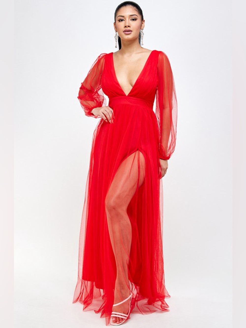Red Deep V Mesh Long Sleeve Evening Dress